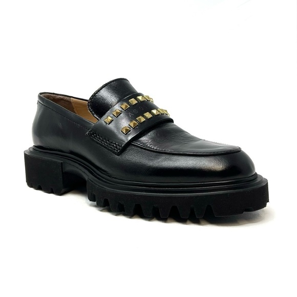 Allsaints Lola Studded Apron Toe Loafers Women's Size 6 Black Leather Gold Stud - Picture 1 of 14